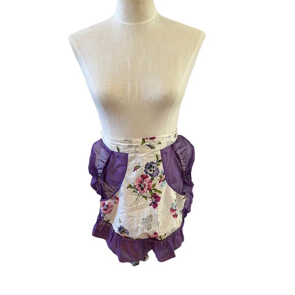 Vintage Pansy Print ruffle half apron ric rac trim - Picture 4 of 6